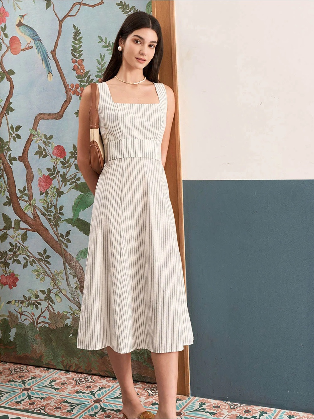 NWT Rihoas The White Square Neck Striped Midi Dress - XL